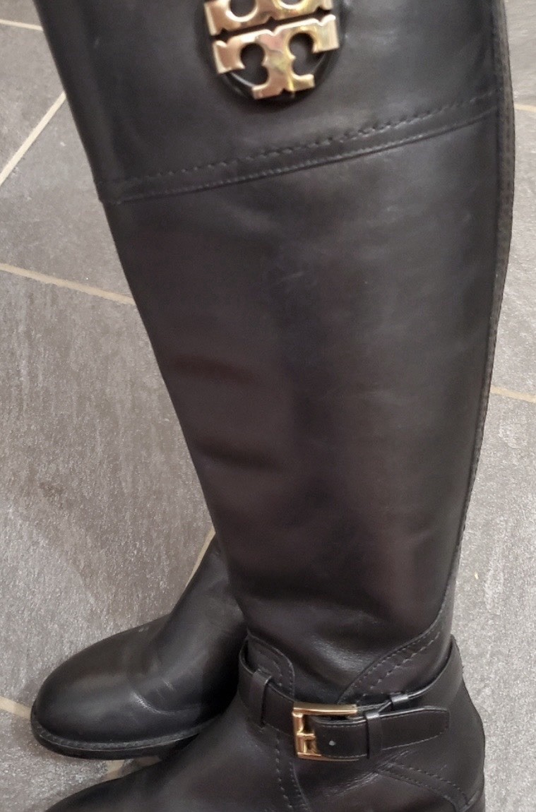 Tory Burch Black Leather Knee High Riding Boots Logo Buckle Zipper Side Zip