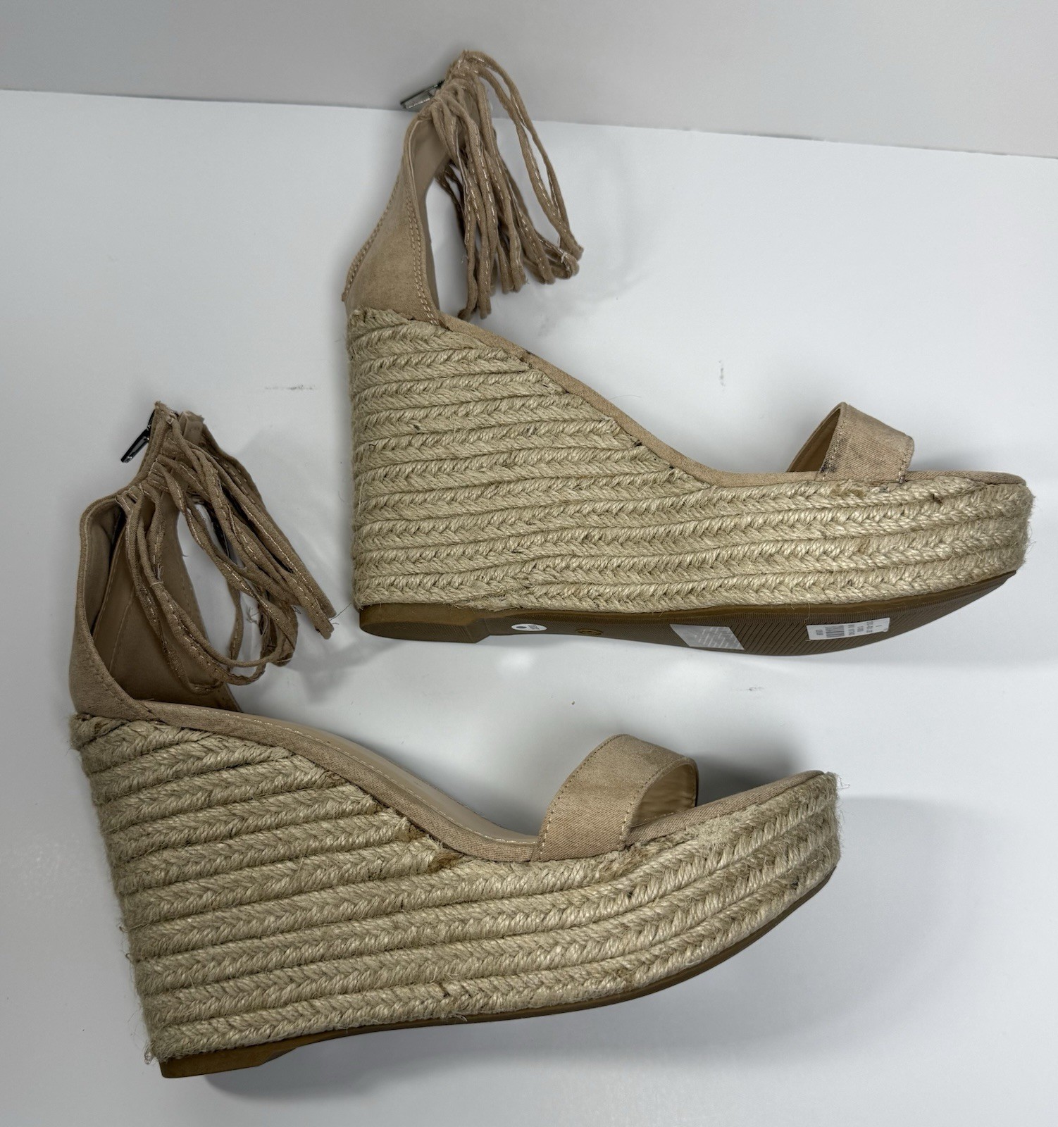 Beige Fringe Espadrille Wedge Sandals Zipper Ankle Strap Fabric Women Size 8