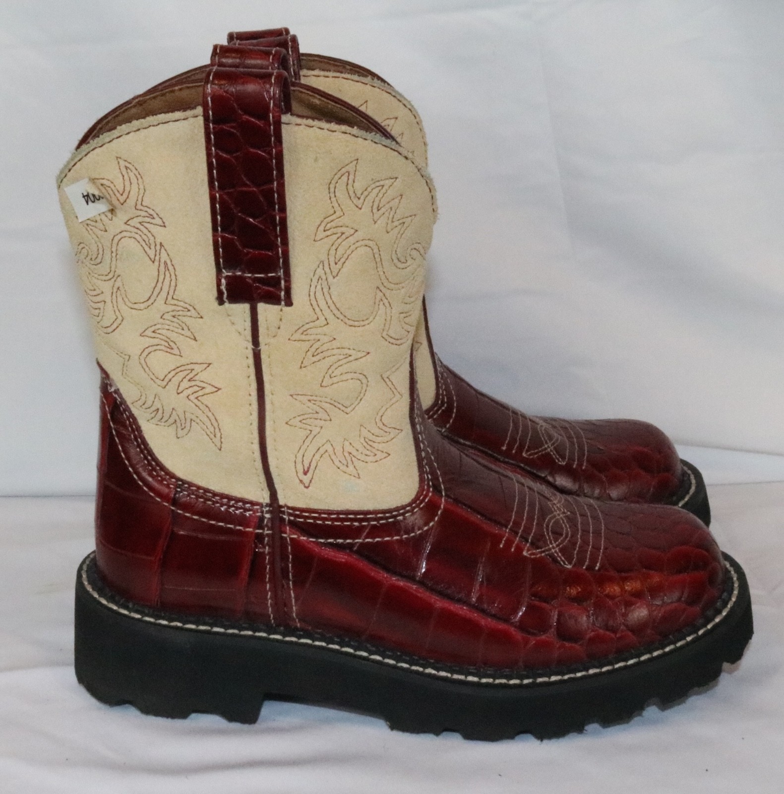 Ariat Fatbaby 14709 Women Red Croc Embossed Leather Western Boots 5.5B Tan Suede
