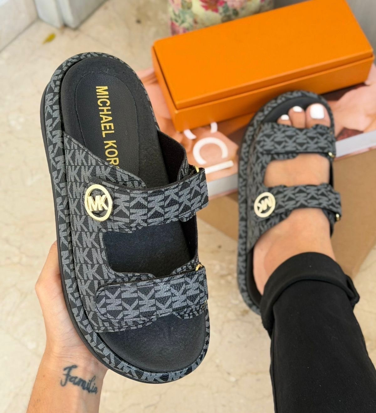 Women’s Slide Sandal Size 6 Black/Gray Logo Double Strap Synthetic Upper