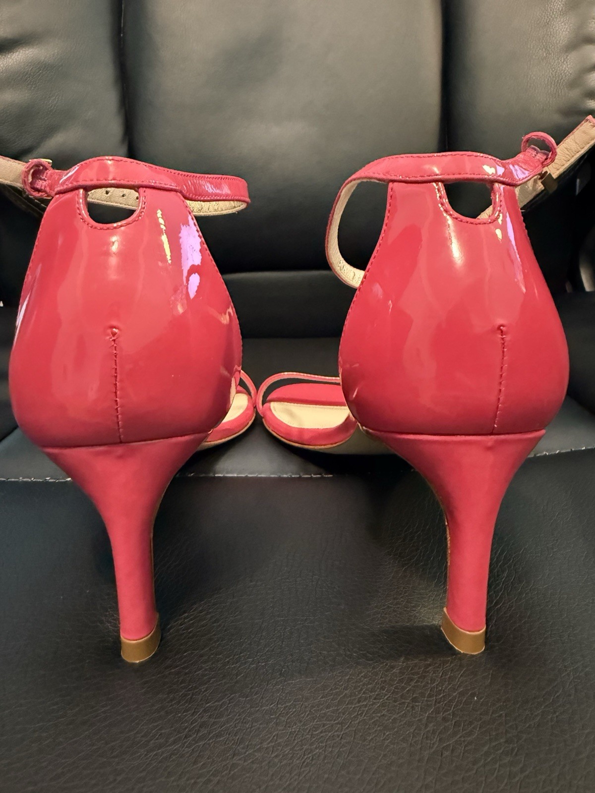 New Stuart Weitzman Pink Patent Leather Open Toe Strappy Buckle Heels US 5.5