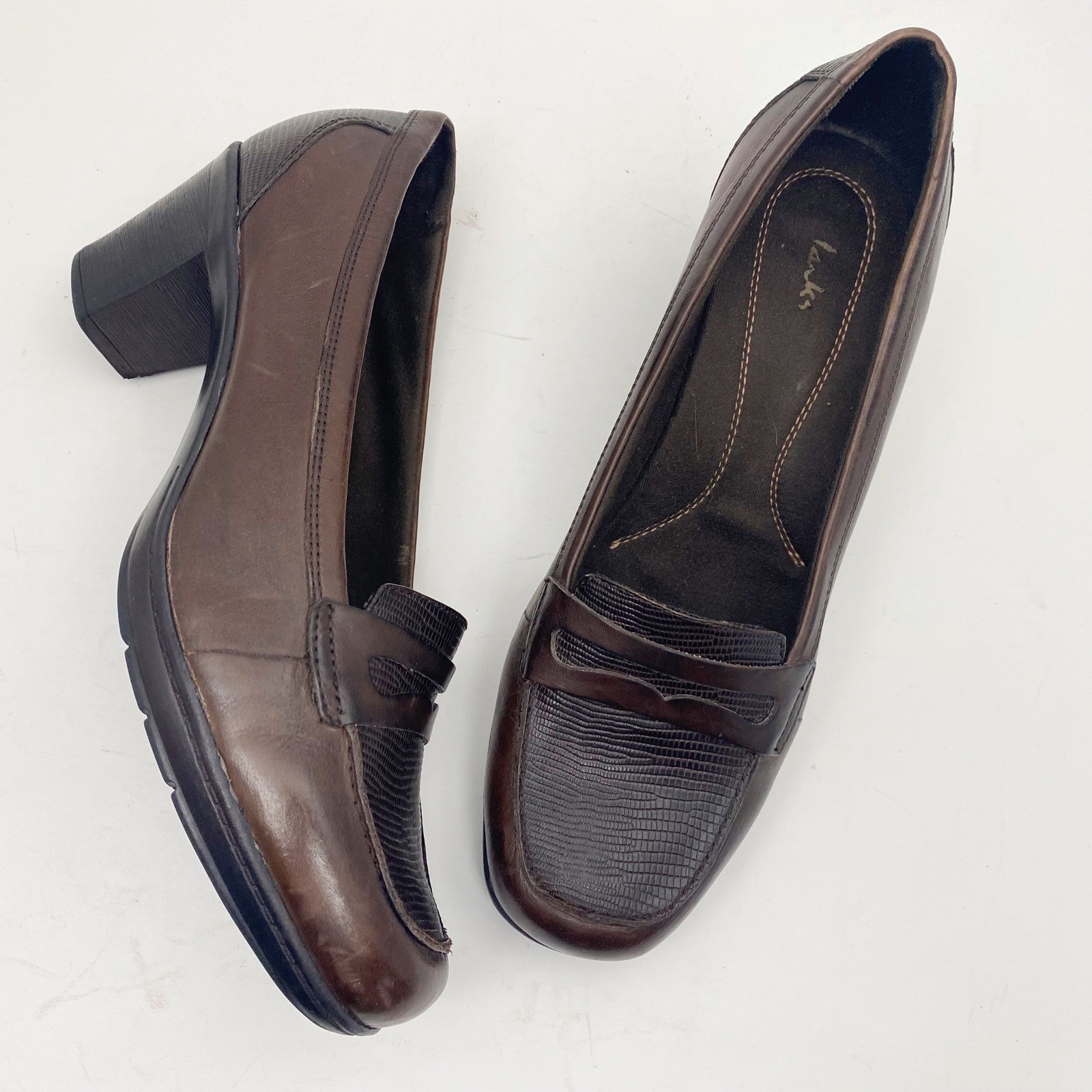 Clarks Penny Loafer Lizard Embossed Block Heel Pumps Womens 11W Brown