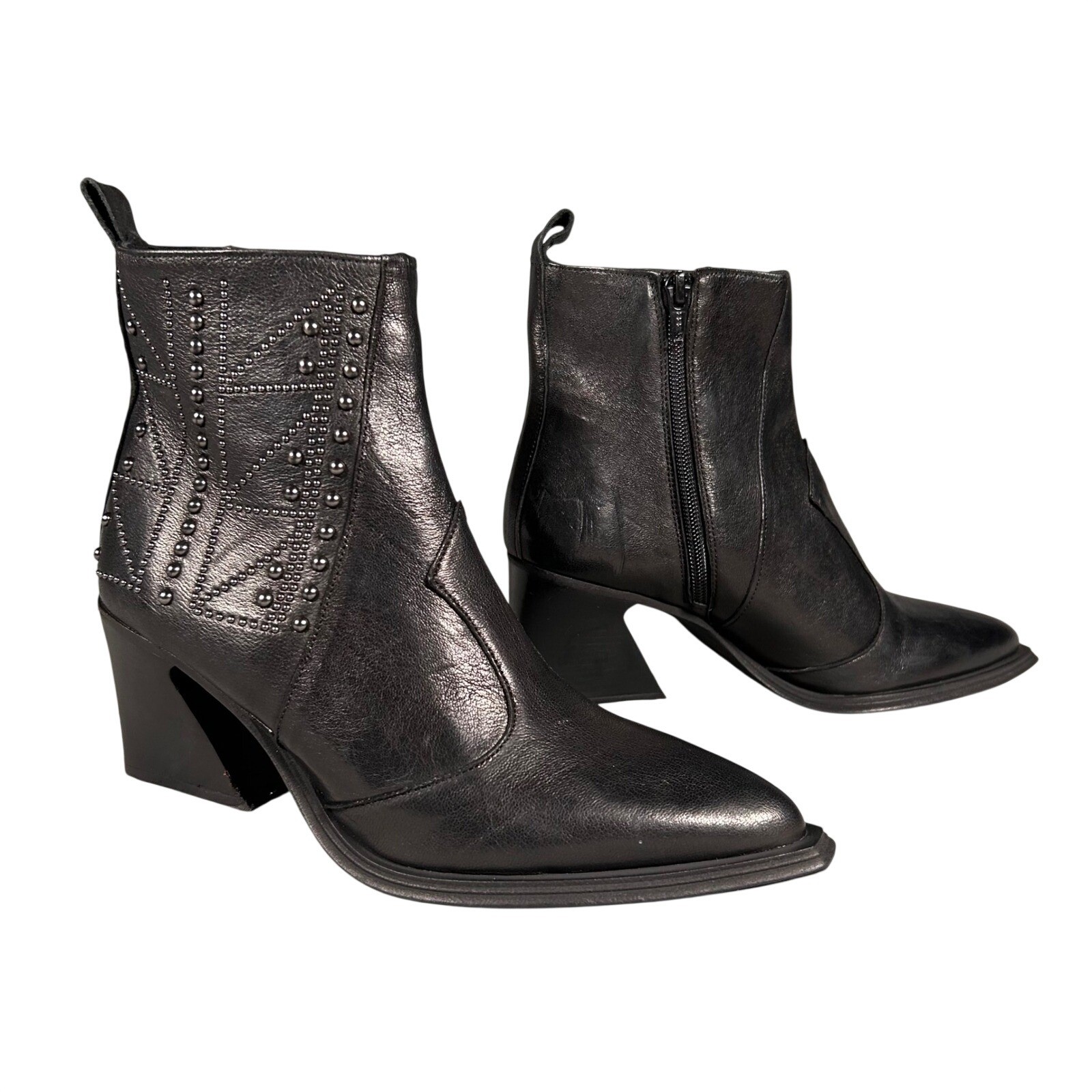 Emanuele Crasto Ankle Boots Heeled Black Leather Studded Pointed US 7.5 Italy