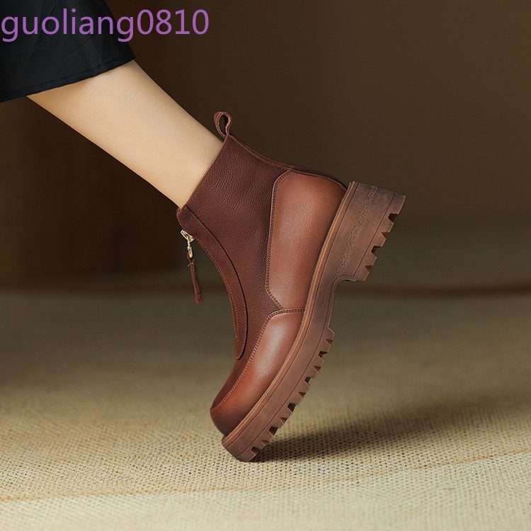 Women’s Leather Ankle Boots Round Toe Shoes Block Heel Zip Platform Fashion OL