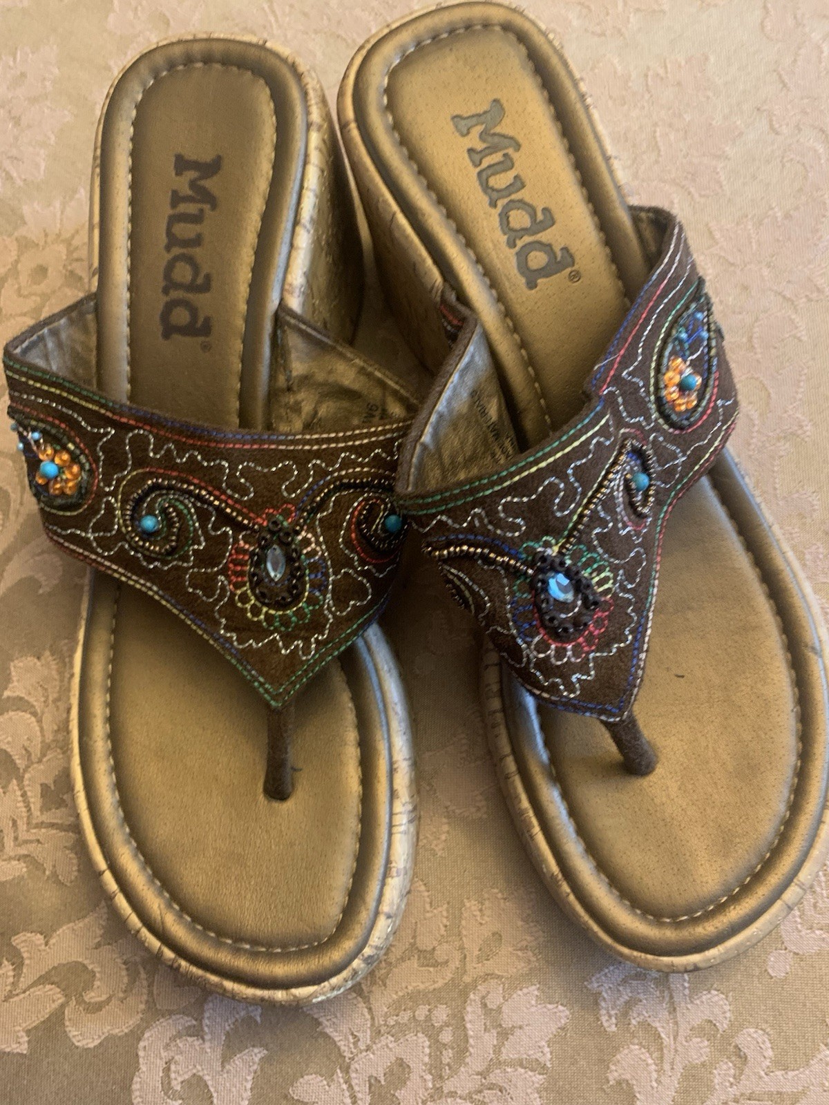 Mudd Vintage Y2K Cork Platform Sandal Size 9M Floral Beaded 90s Chunky