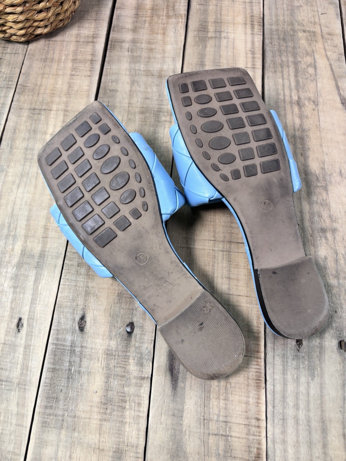 Blue Woven Leather Flat Slide Sandals Square Toe Women’s Size 7.5