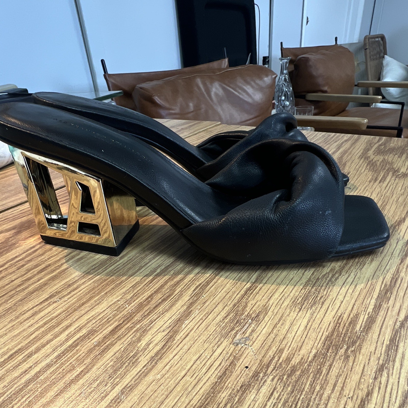 Alessandro Dell’Acqua Black Leather Square Toe Knotted Mule Block Heels 6