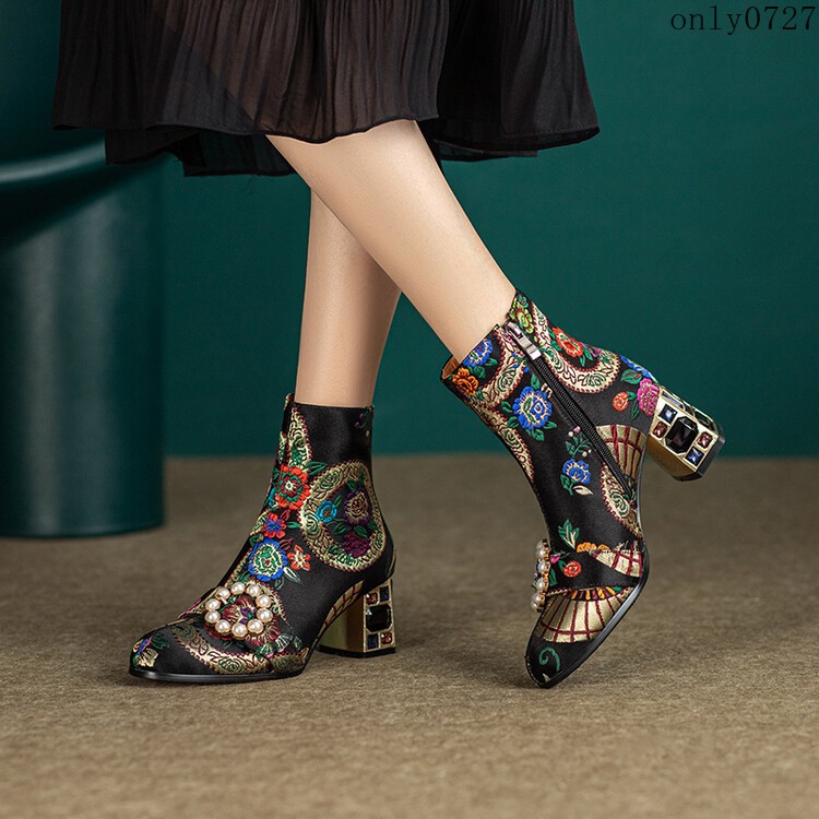 Women’s Ankle Boots Rhinestone Mid Chunky Heel Side Zip Embroidered Shoes Hot