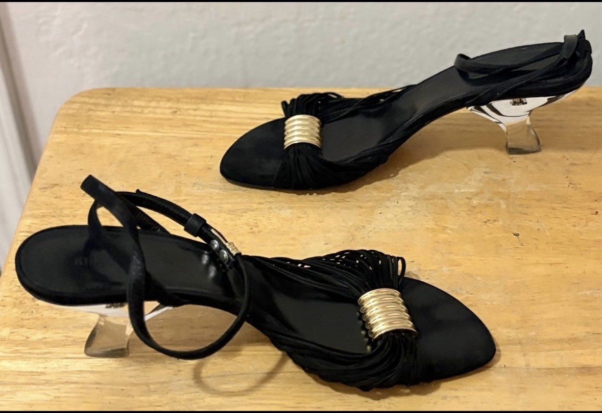 Khaite Womens Black Gold Leather Suede Strappy Heel Ankle Strap US 10.5