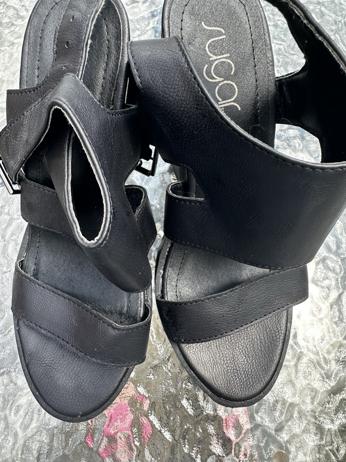 Sugar Zowie Black Platform Chunky Heel Sandals 7M