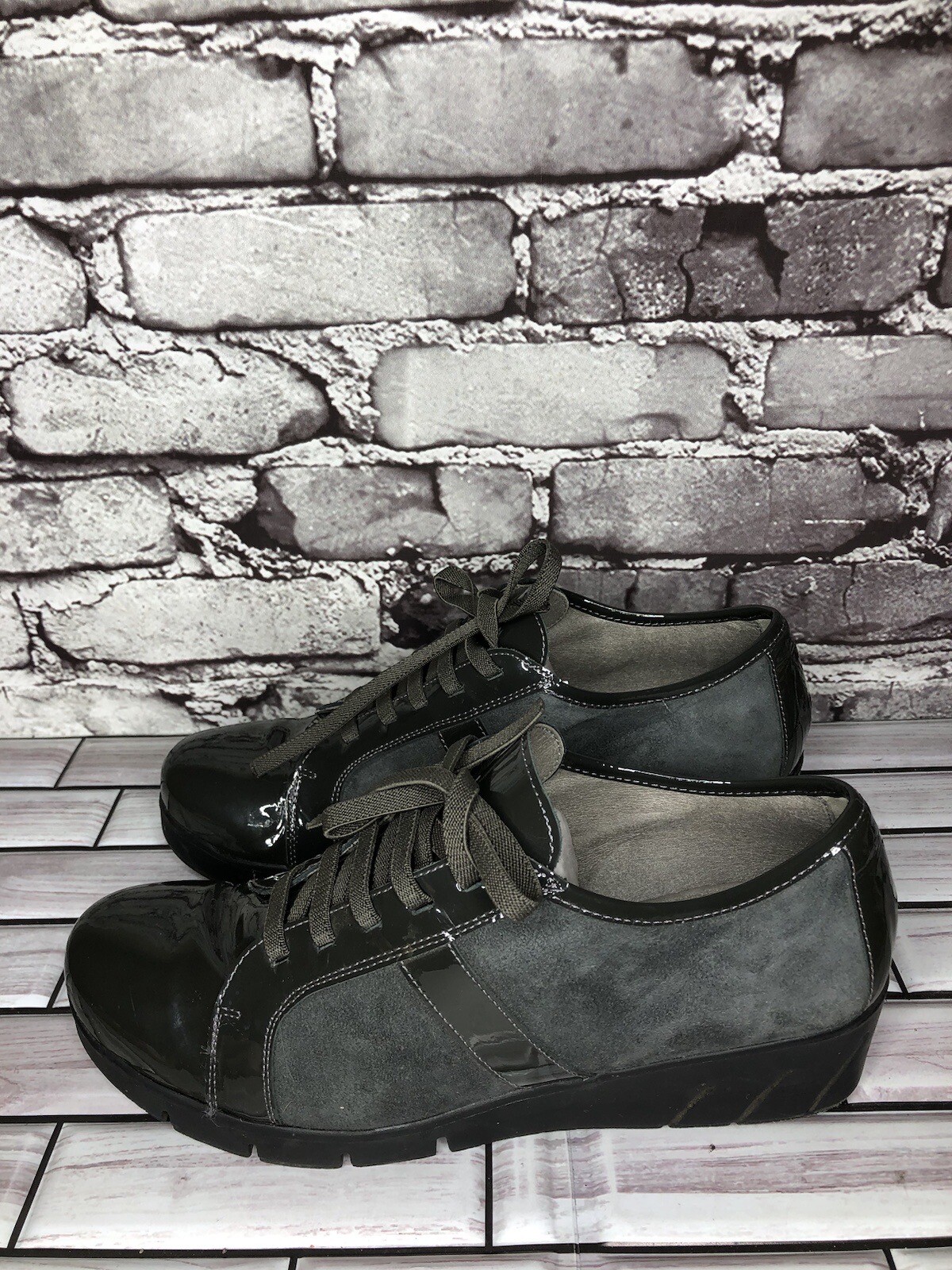 Charly Fox Gray Suede Patent Leather Lace Up Casual Wedge Shoes Women 39EU/8.5US