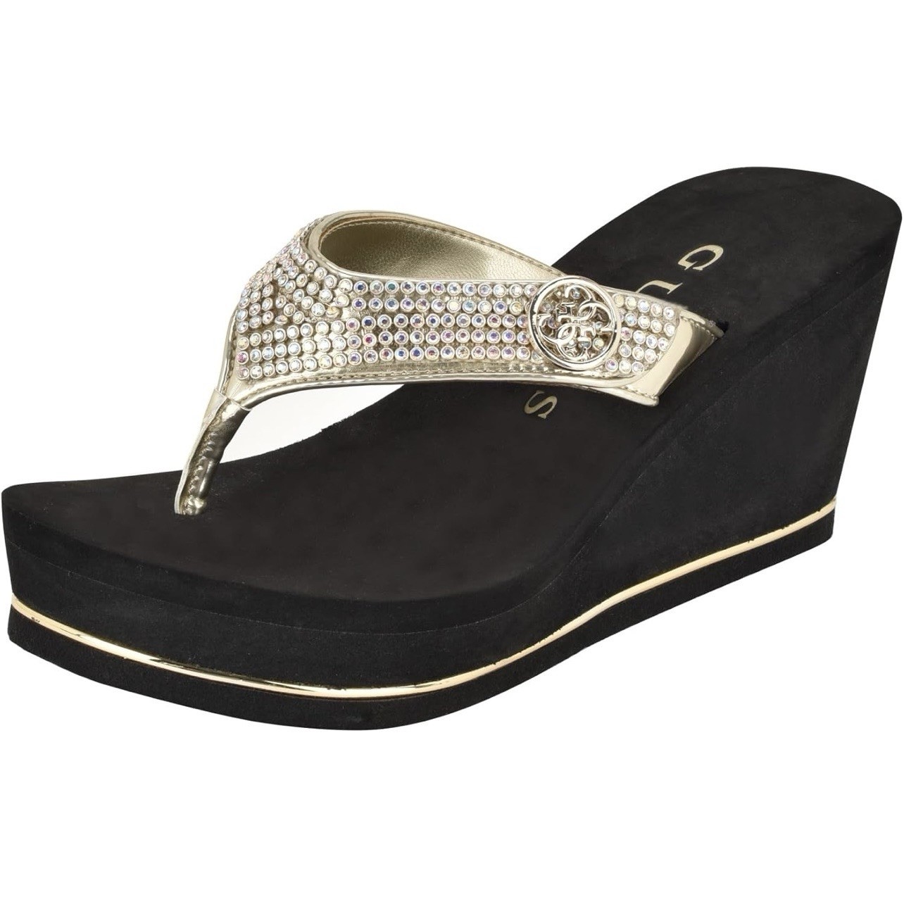 GUESS Women’s Gwsarraly ~ 3″ EVA wedge heel ~ Black/Gold ~ Size 10