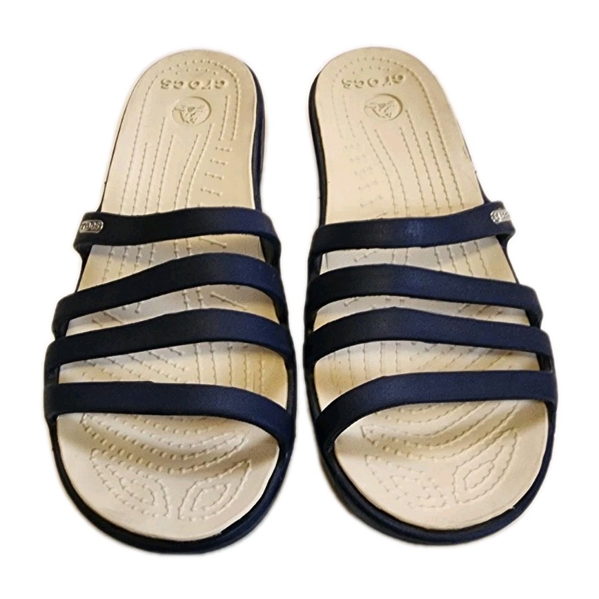 Crocs Strappy Sandals Women’s Size 10 Rhonda 2″ Wedge Navy Blue and Beige