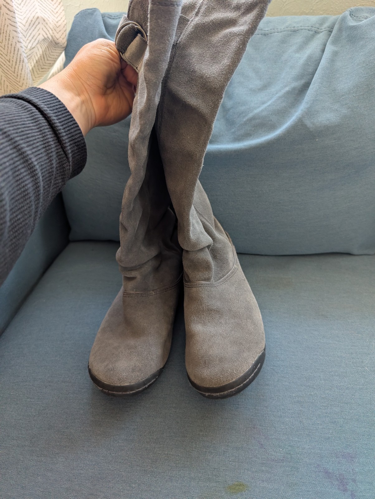 Simple Womens Sz 8 Tall Boots Gray Suede Leather Ruffle Winter Fall scallop