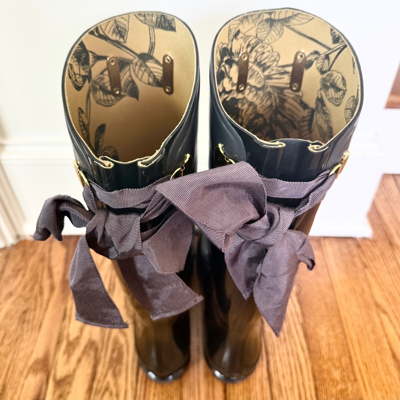 Joules Evedon Rain Boots Womens 8 Black Bow Back Waterproof Tall