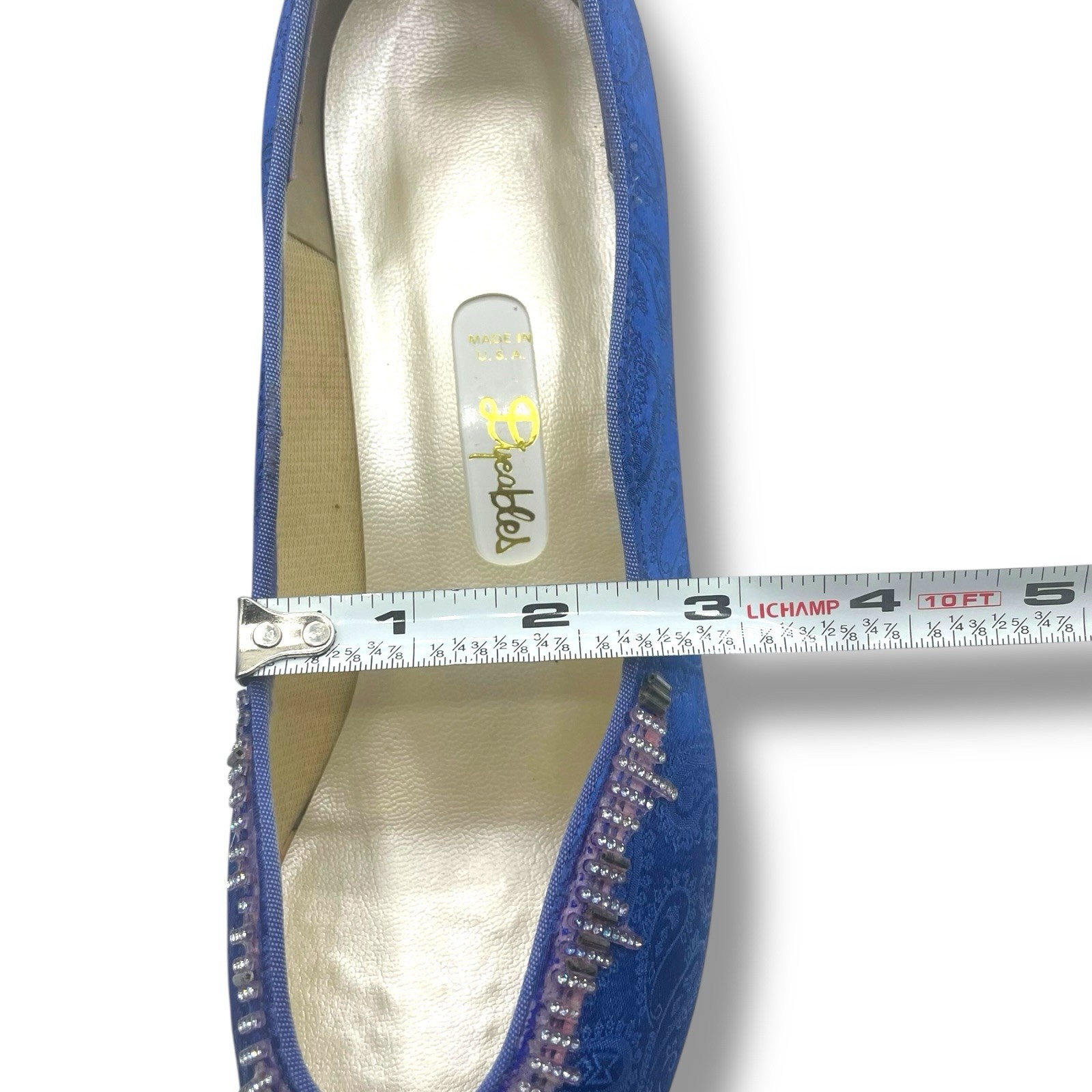 Dyeables Blue Satin Swirl Heels Beaded Pumps Pointed Toe USA Womens 9