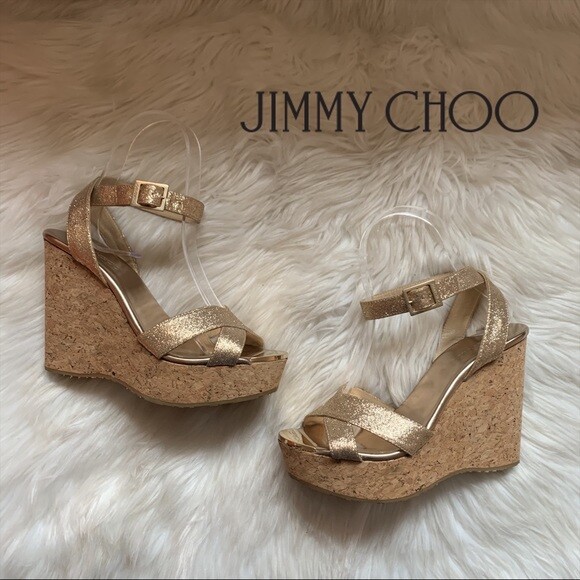 Jimmy Choo PAPYRUS Gold Glitter LOGO PLATE Cork Wedge Sandals EU 41 I LOVE SHOES