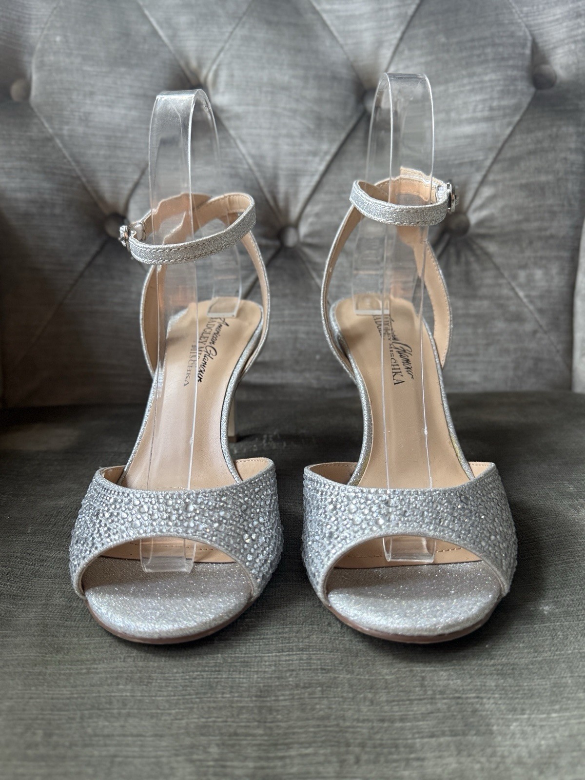 American Glamour Badgley Mischka Silver Rhinestone Evening Heels Size 6.5 Zoelle