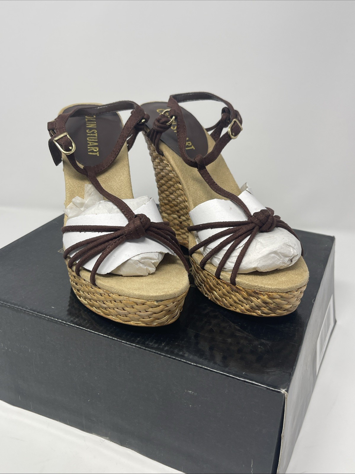 Colin Stuart Isabella-Knot Wedge Leather Strappy Sandals Brown W/ Box Small Flaw