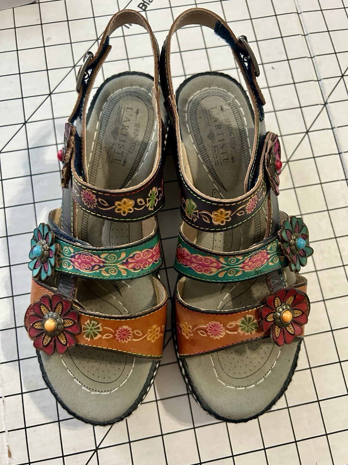 Spring Step L Artiste Rebecka Multi Leather Floral Platform Sandals EU 41 US 10