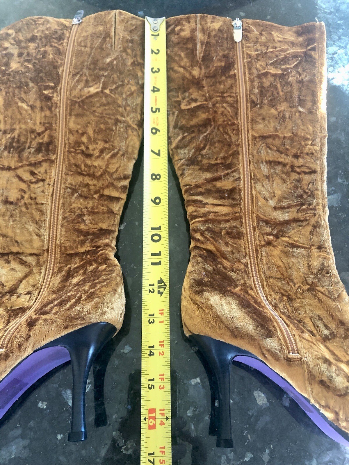 Suzanne Somers Gold Crushed Velvet Gold Boots Size 7 Heels 2.5”