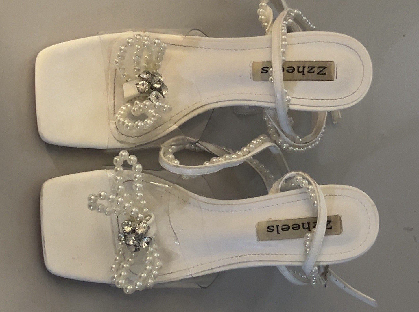 Zzheels Women’s White/Clear Square Toe Ankle Strap Beaded Heels Buckle US 7