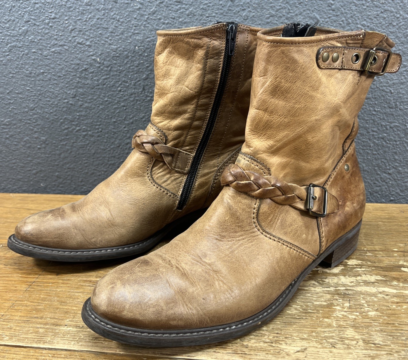 Paul Green Nathan Brown Moto Biker Braided Zip Up Boots Size 7.5 UK 5.5 Leather