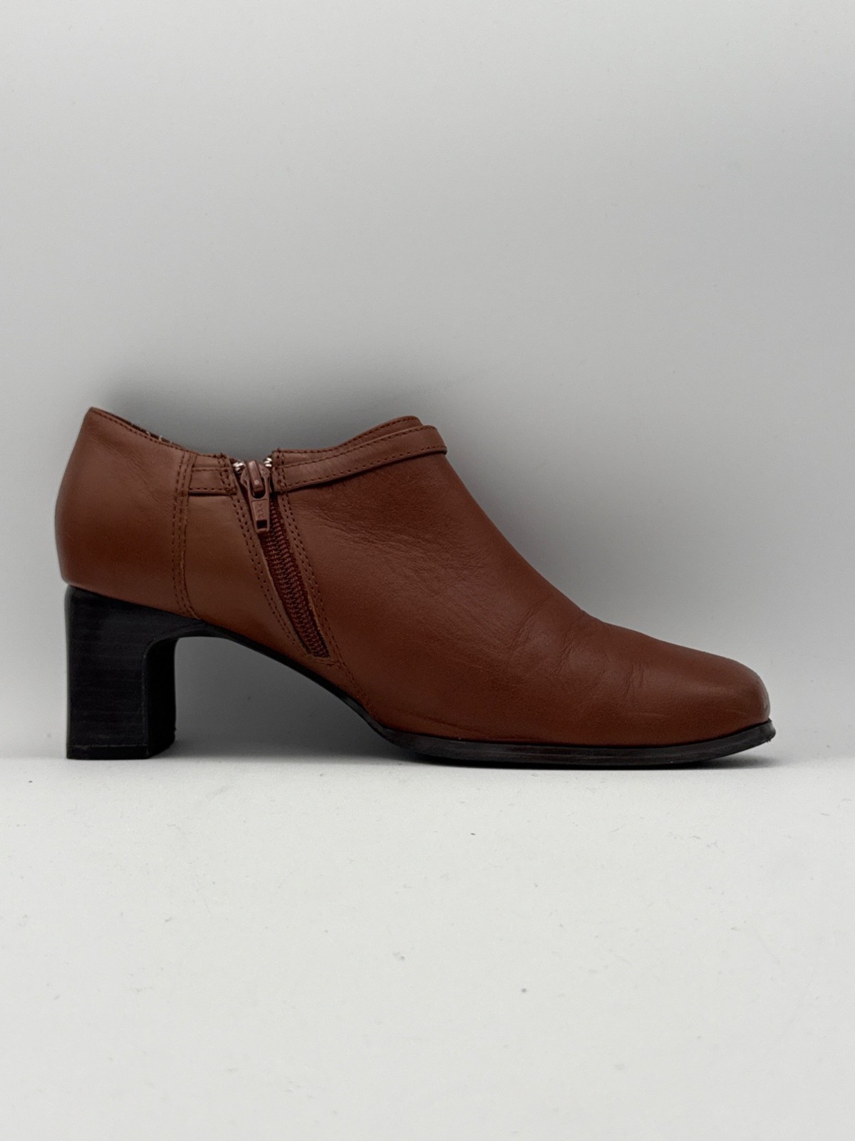 AJ Valenci Brown Leather Block Heel Ankle Booties With Side Zipper & Strap 7W