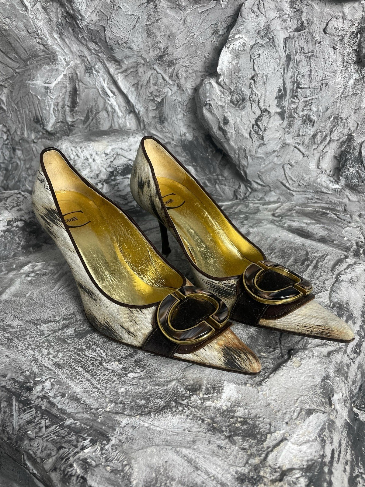 Vintage Just Roberto Cavalli 00s Animal Fur Pattern Buckle Archive Heels 38 Y2K