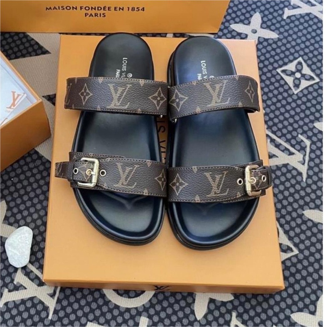 Louis Vuitton Women’s Monogram Double Strap Buckle Adjustable Slide Sandals