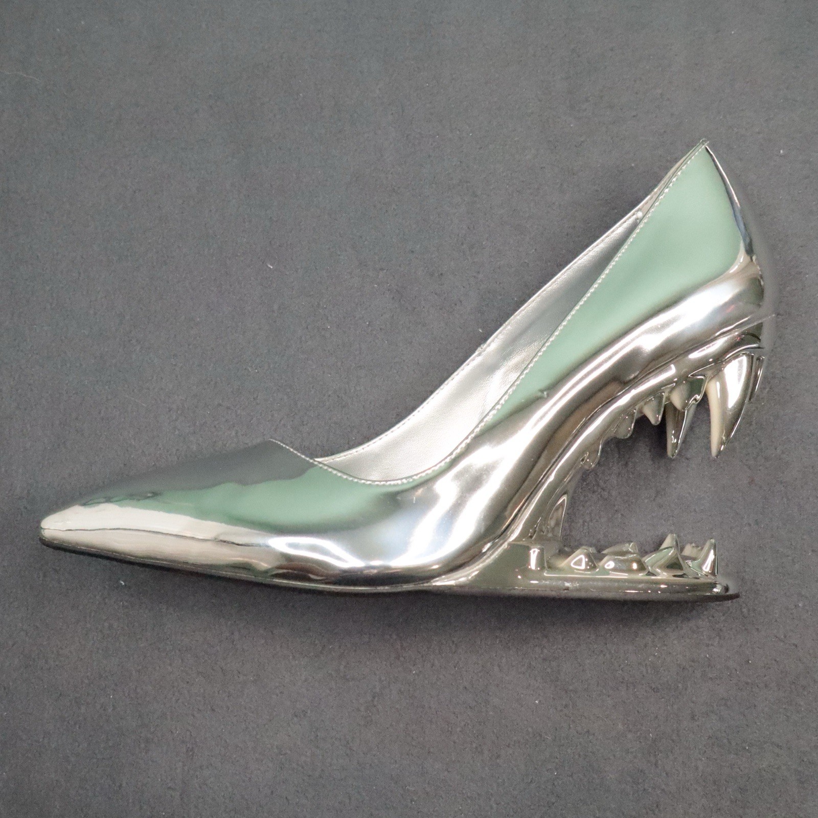 Metallic Silver Chrome Monster Teeth Jaw Heels Pointed Pumps Women Size 9.5