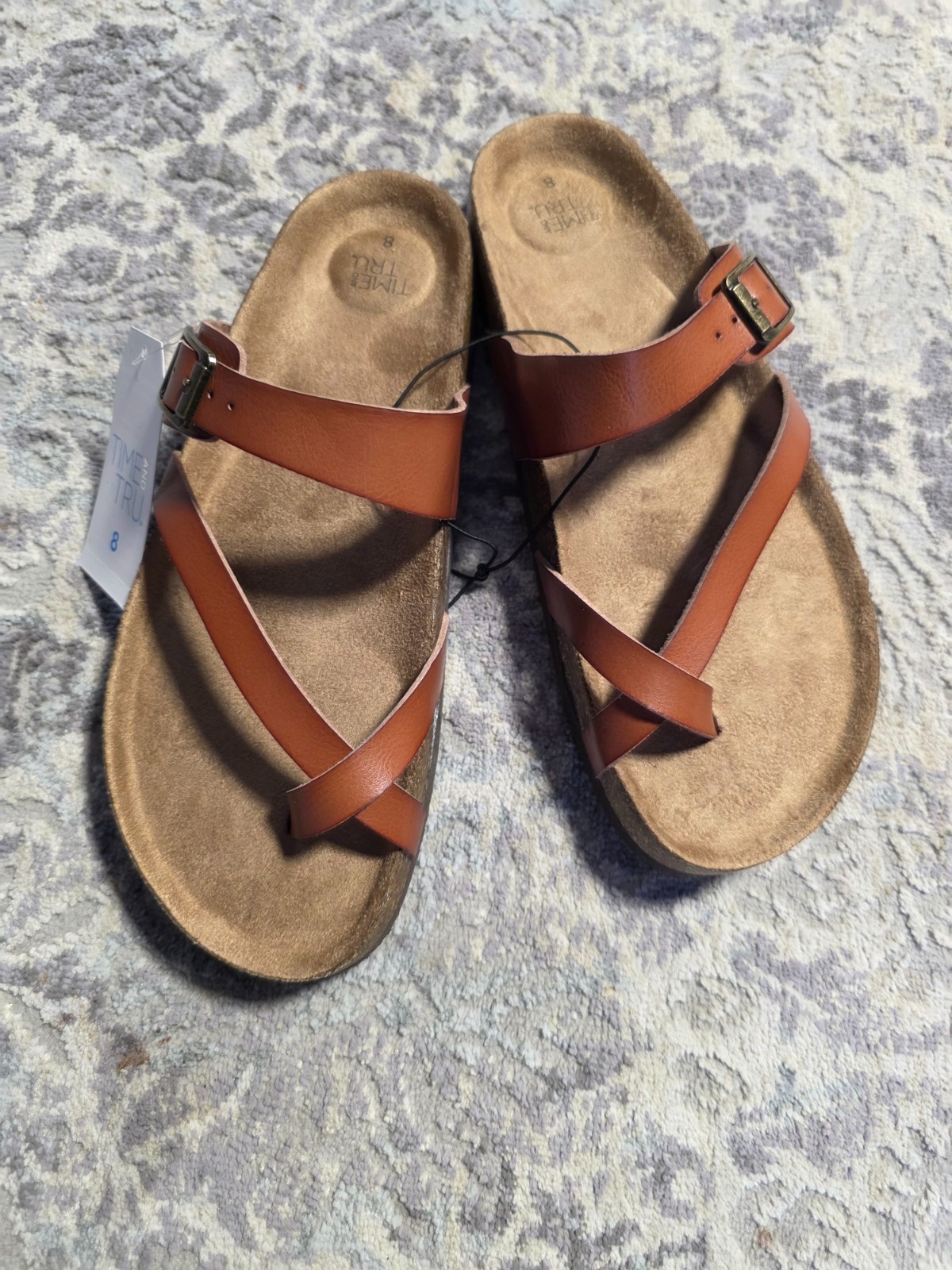 Time and Tru Women’s Asymmetric Strap Cork Footbed cognac thong Sandals, New
