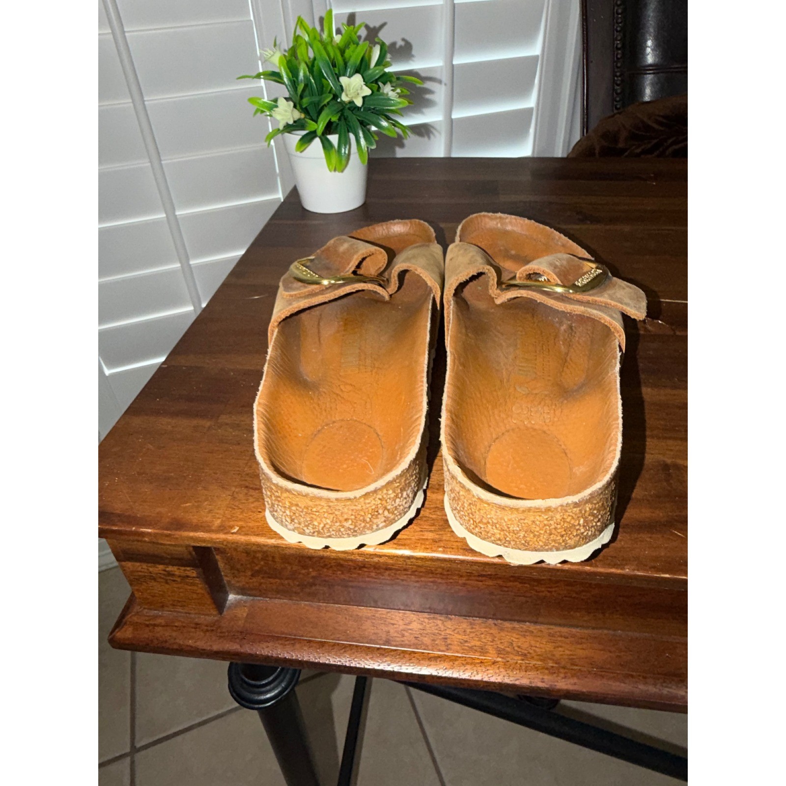 Birkenstock Madrid Big Buckle Cognac Leather Slide Sandals Gold Buckle Size 38