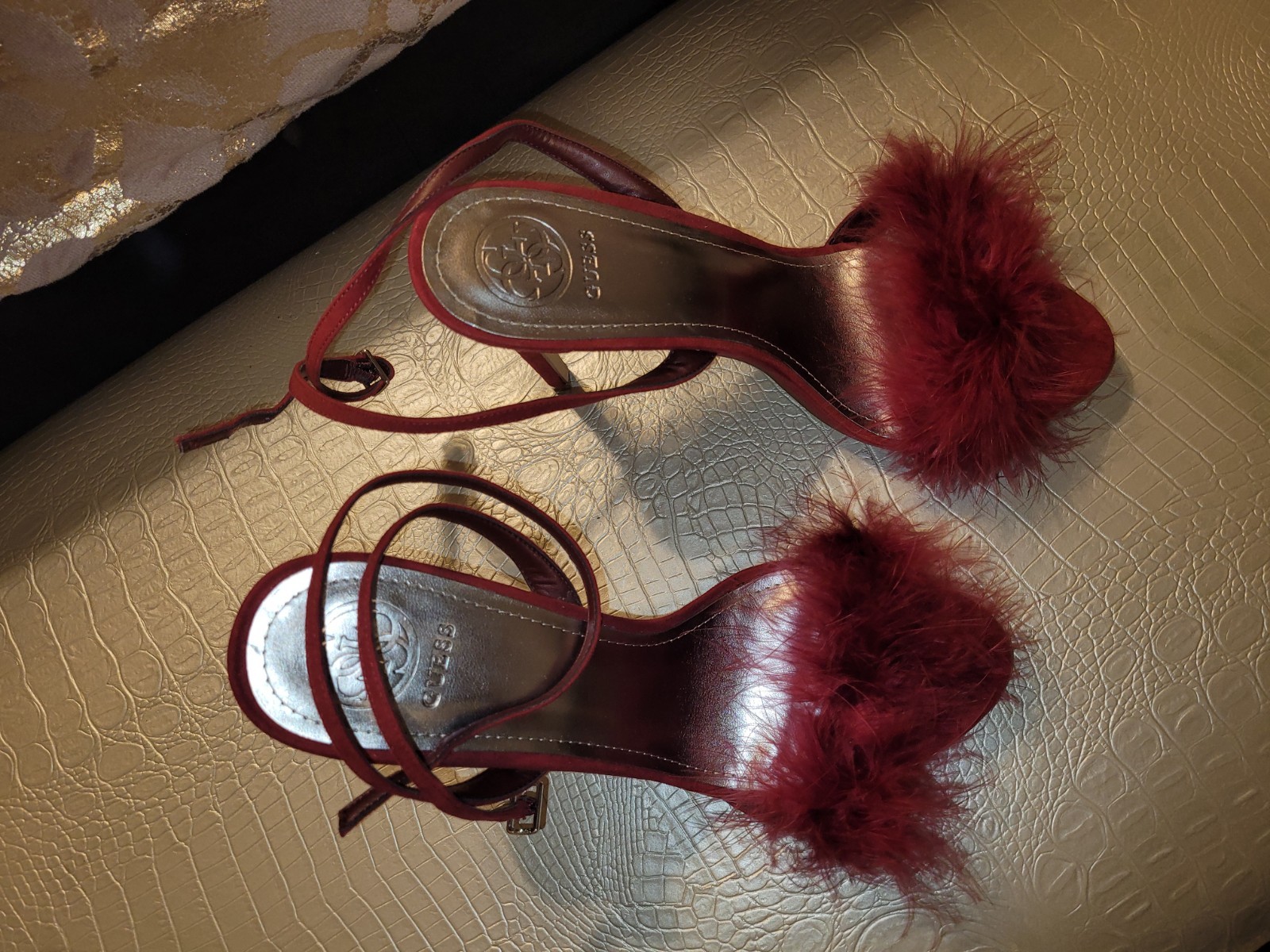 Guess Gwavis Red Suede Feather Pom Pom Stilleto Heels 9.5M