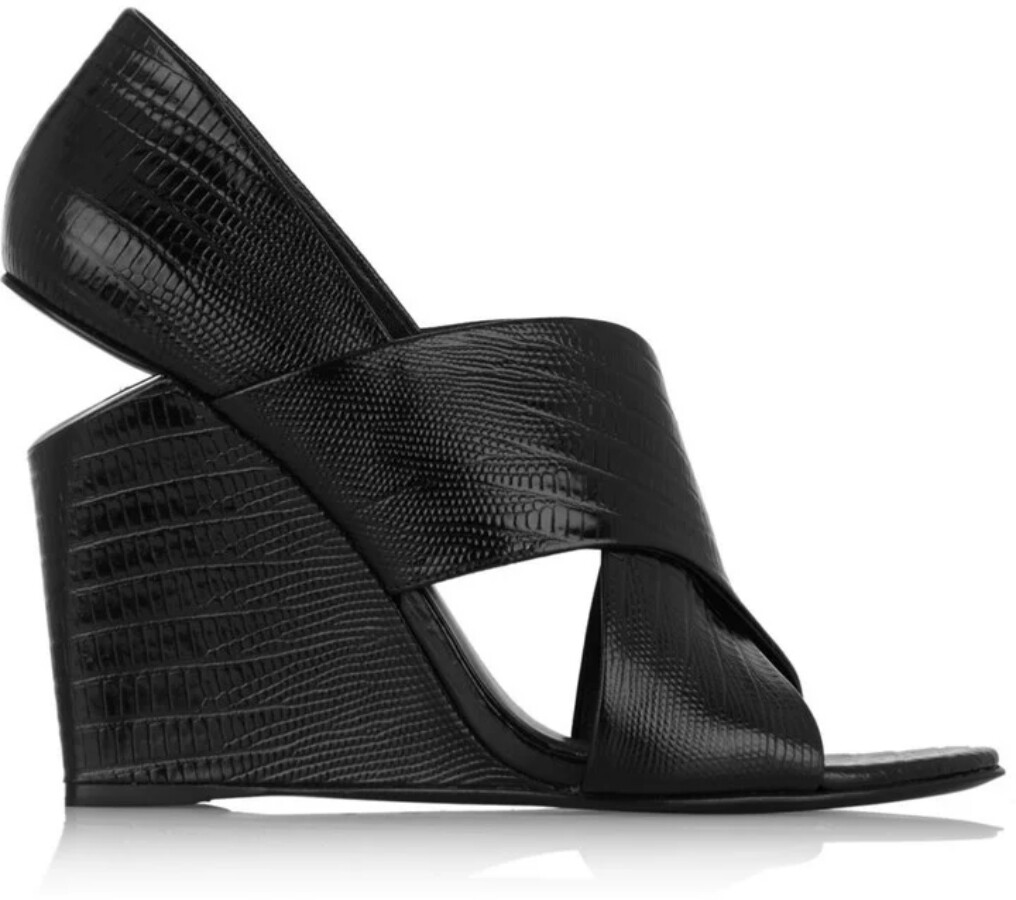 NEW ALEXANDER WANG Black IDA Wedges Lizard Leather Peep Open Toe Sandals 38 8