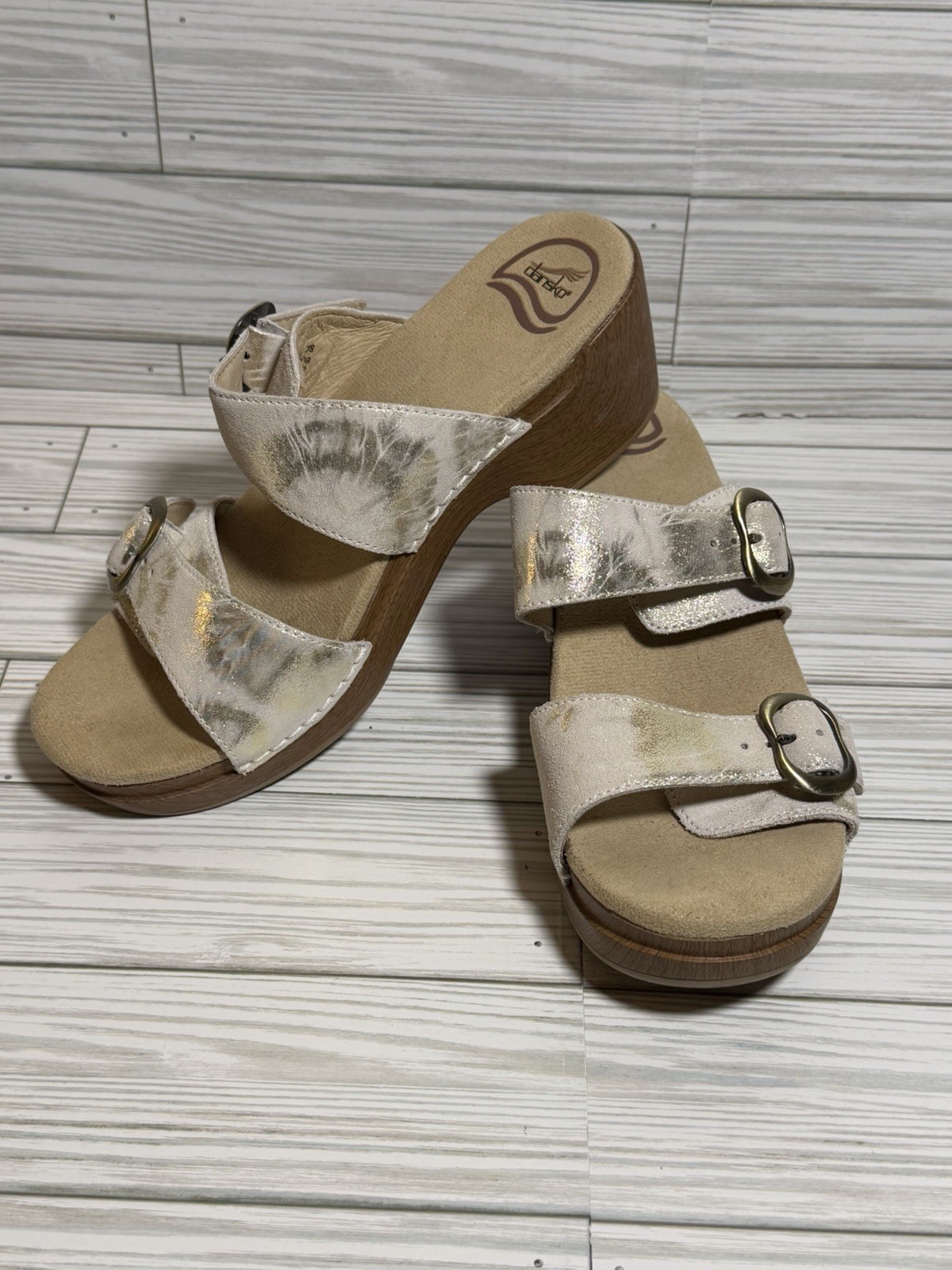 Dansko Sophie Leather Slide Sandals Wood Grain Platform Comfort Sz 7.5
