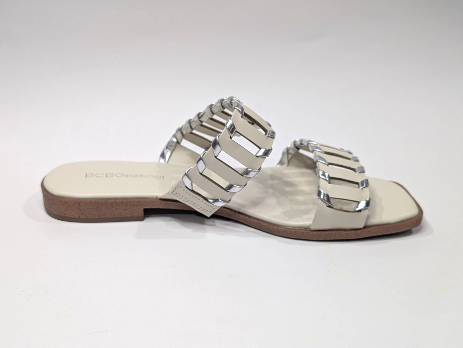 BCBGeneration Lemah Bianca/Silver Women’s Double Band Flat Sandal – Size 9 NWB