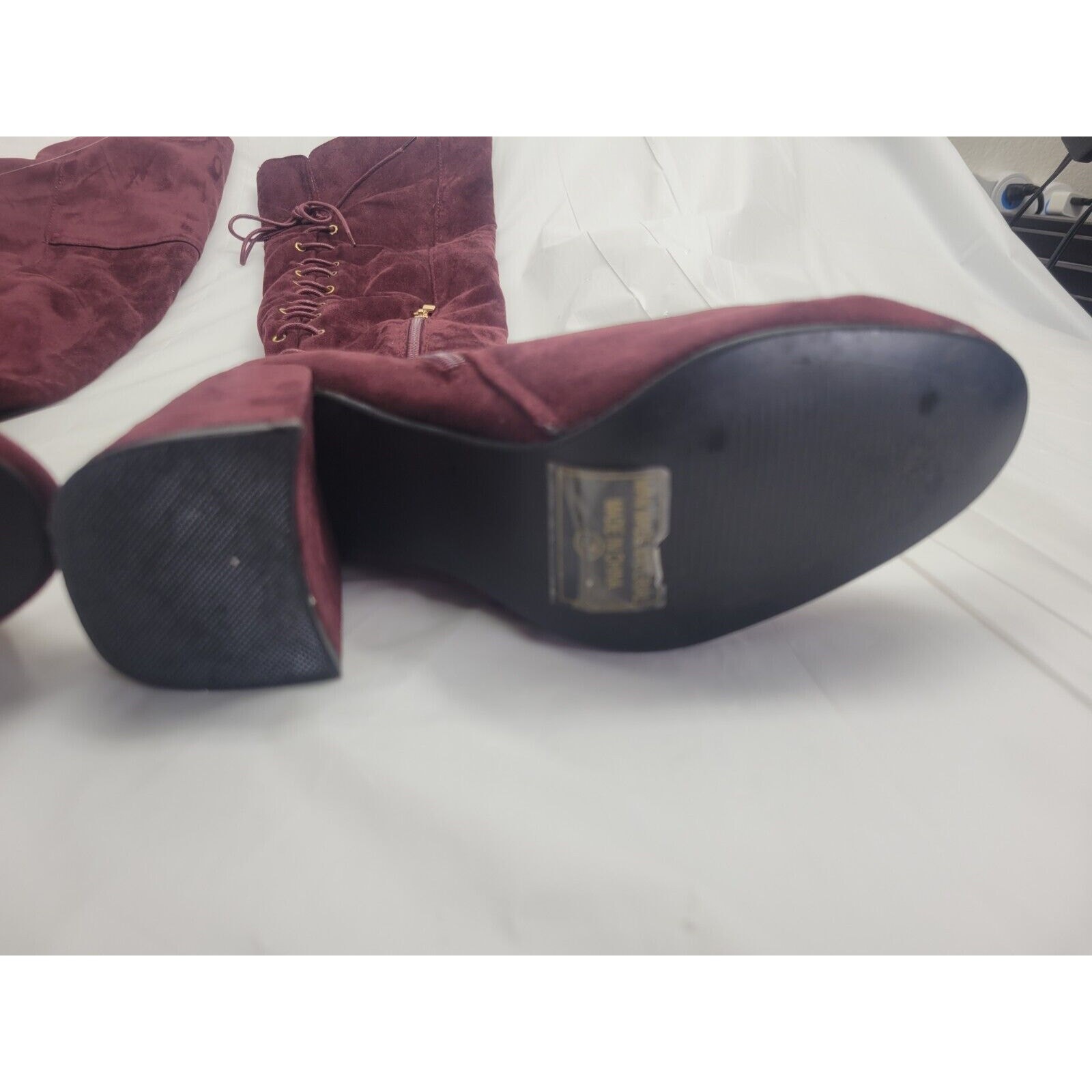 Indulge Size 7 Suede High Heel Over The Knee Boots Lace Up Zip Burgundy Maroon