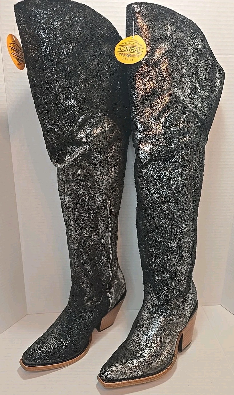Size 6 Corral Black Silver Metallic Over The Knee Pointed Toe Z5245