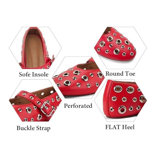 Red Grommet Mary Jane Flats Buckle Strap Eyelet Shoes Womens 8.5 NEW