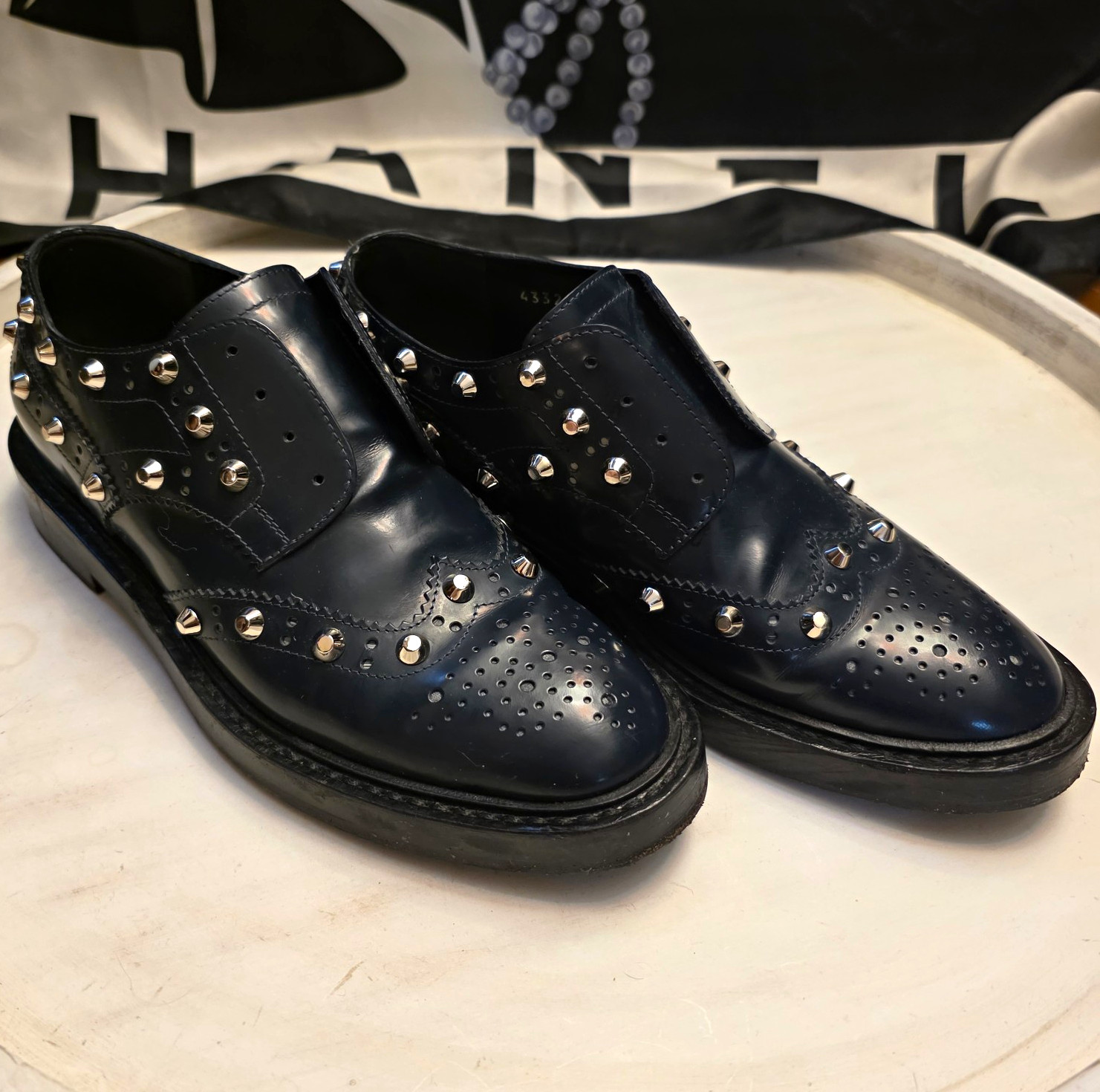 Balenciaga Women’s Black Leather Studded Slip On Loafers. Size 38