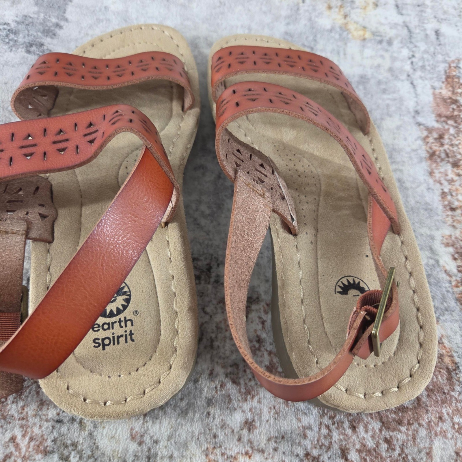 Earth Spirit Wedge Sandals Women 9.5 Cognac Brown Laser Cutout Summer Boho Beach