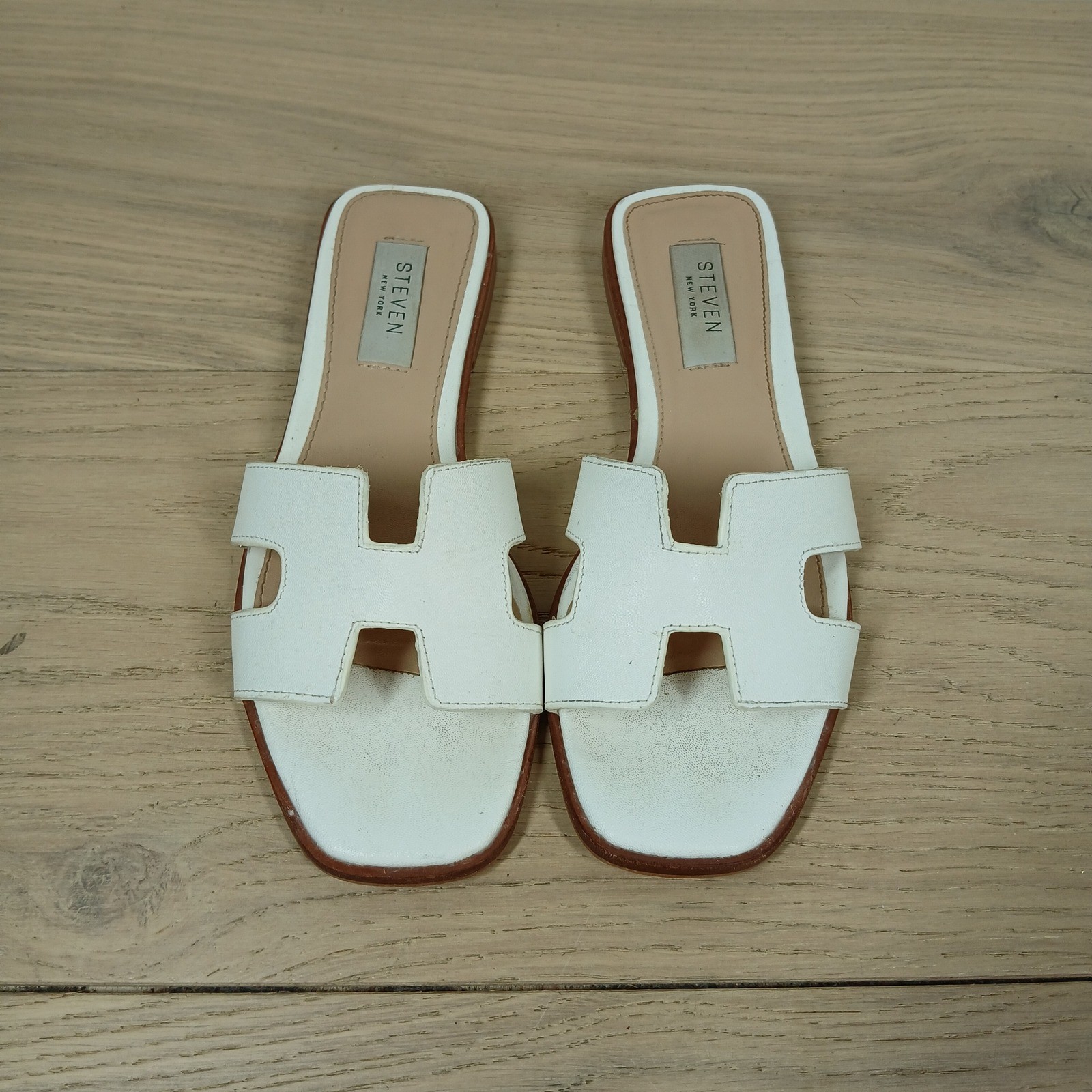 Steven New York Sandals Womens 5 White Leather Slide Flat H Cutout