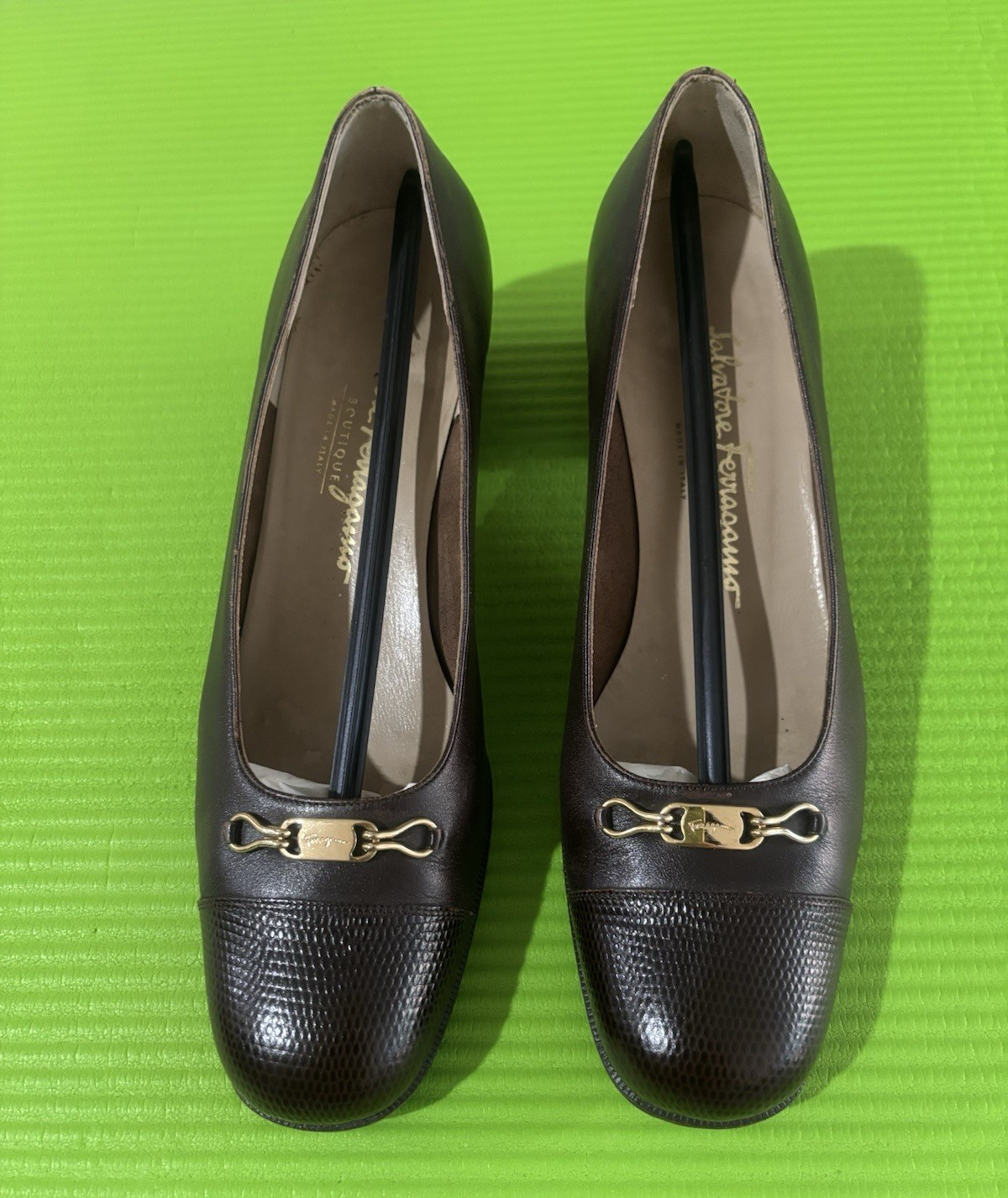 Salvatore Ferragamo Black Leather Block Heel Pumps Logo Slip-On Round Toe 8B
