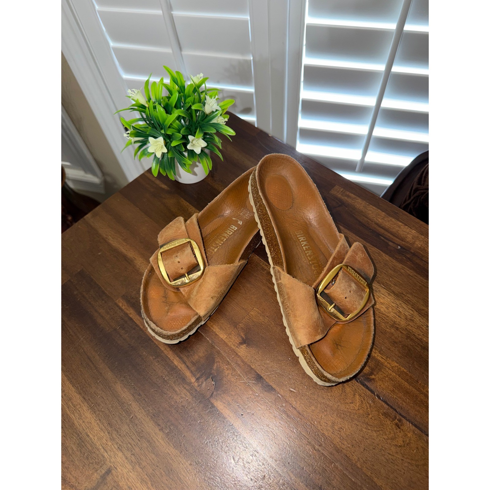 Birkenstock Madrid Big Buckle Cognac Leather Slide Sandals Gold Buckle Size 38