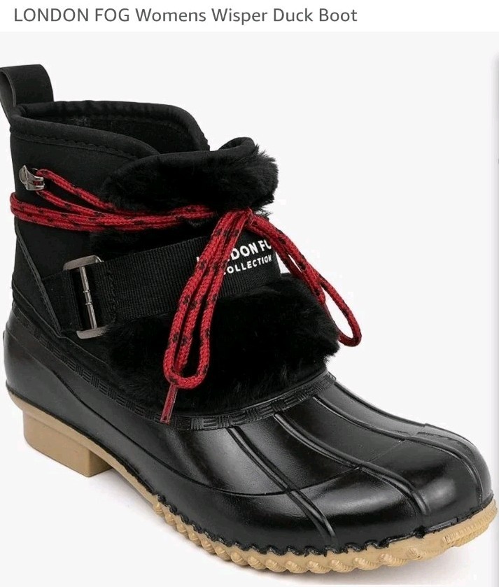 LONDON FOG Wisper Duck Boot Black Faux Fur Red Laces Women’s Size 6 NEW