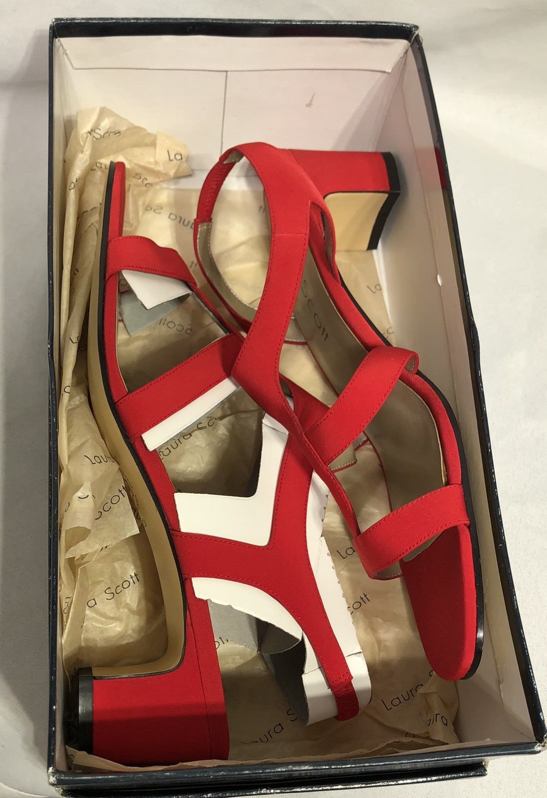 Vintage 90s Laura Scott Fabric Dress Sandals Red Size 9.5M Mid Heel Ankle Strap