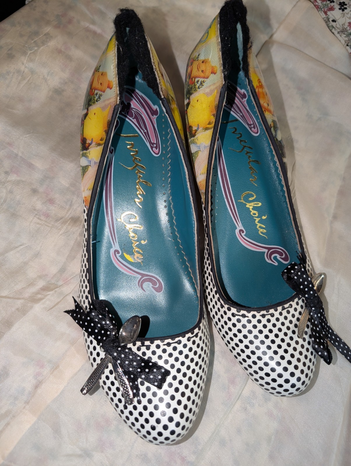 Black White Polka Dot Spoon Teapots Kitten Heels Irregular Choice 8.5-9