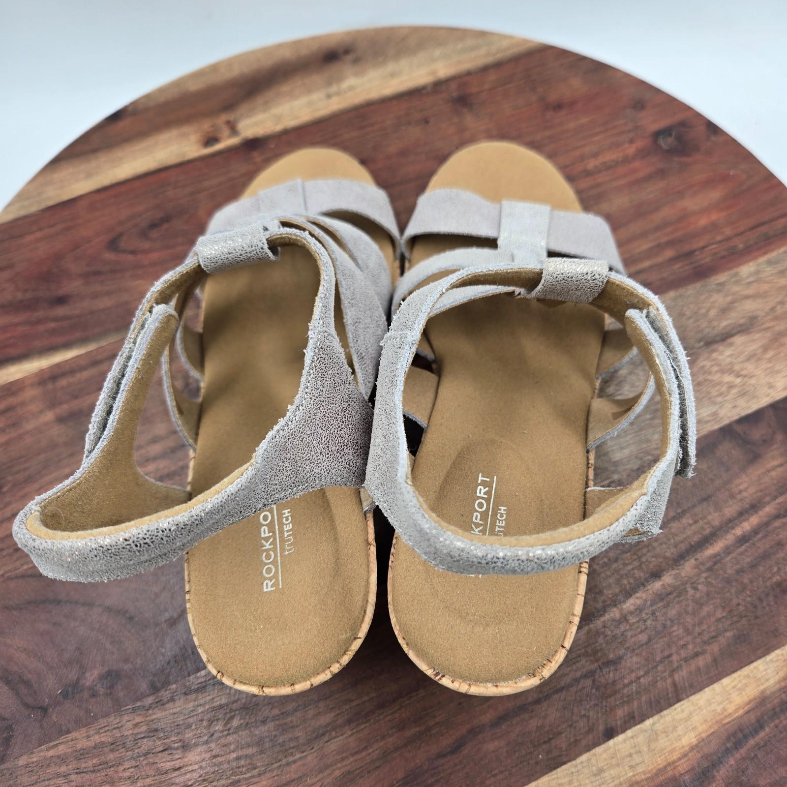 Rockport Briah Sandals Women’s 9M Gray Silver Tan Suede Strappy Gladiator Wedge