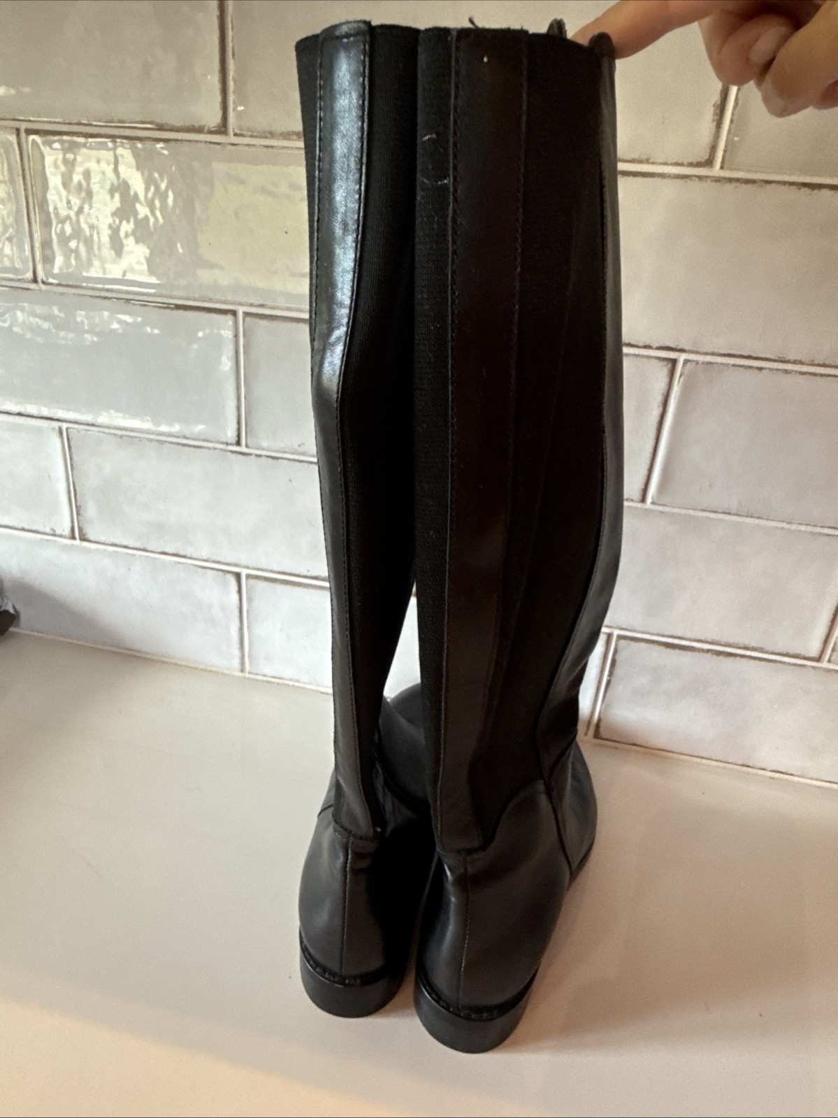 MiGliorina Black Leather Zip Boots w/ Stretch Riding Style Sz 7.5. Made In Italy